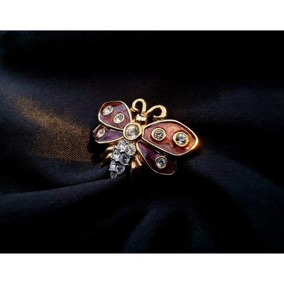 Vintage SWAROVSKI Swan Signed Brown Enamel Clear Crystals Butterfly Brooch Pin - Picture 3 of 5